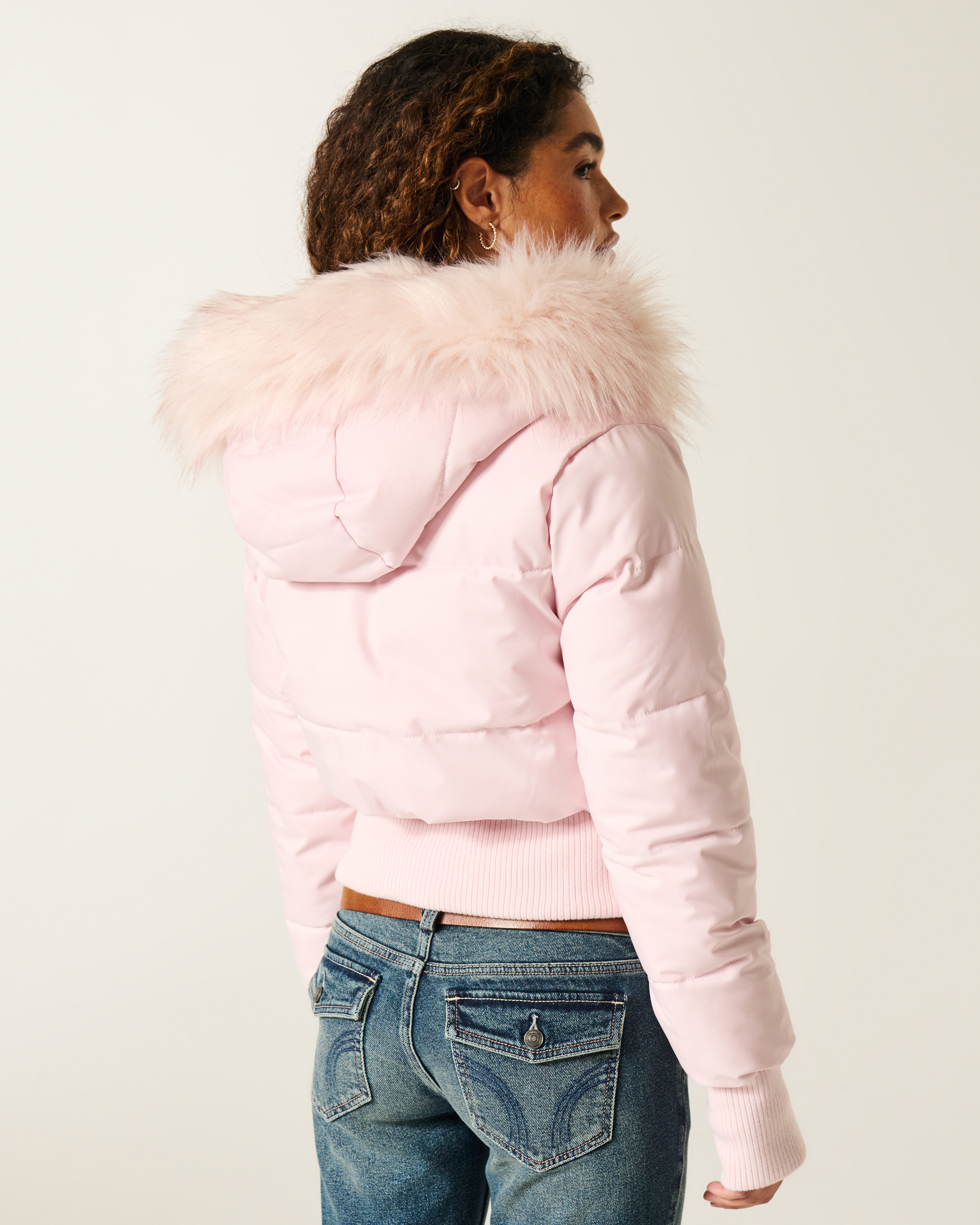 Hollister Faux Fur Trim Puffer Bomber Jacket