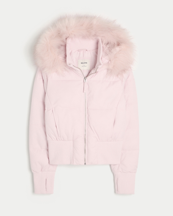 Faux Fur Trim Puffer Bomber Jacket, Light Lilac view 1