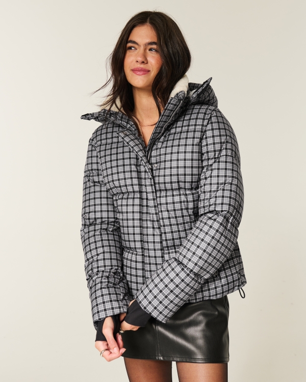 Faux Fur-Lined Puffer Jacket, Grey Plaid view 1