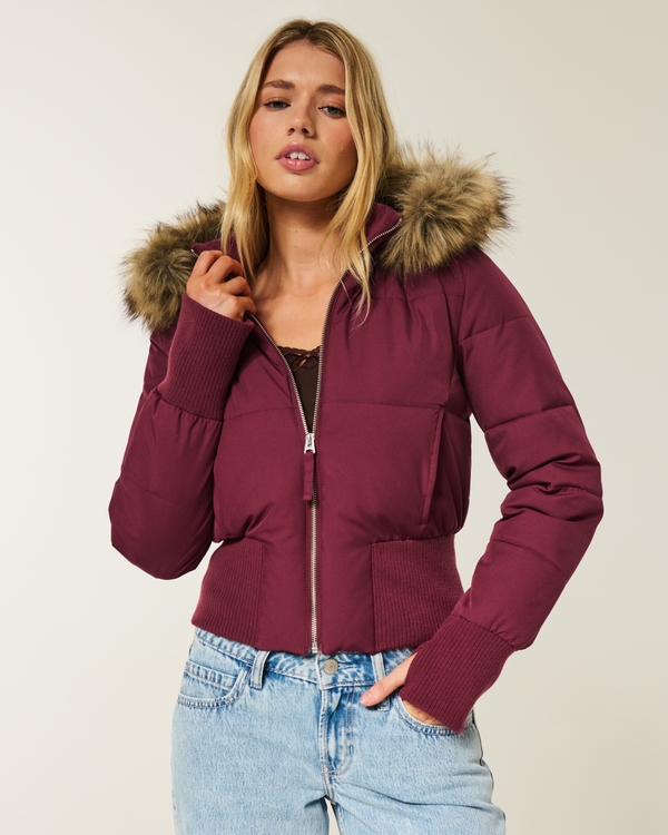 Faux Fur Trim Puffer Bomber Jacket, Mulberry view 1