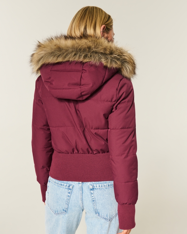 Faux Fur Trim Puffer Bomber Jacket, Mulberry view 2
