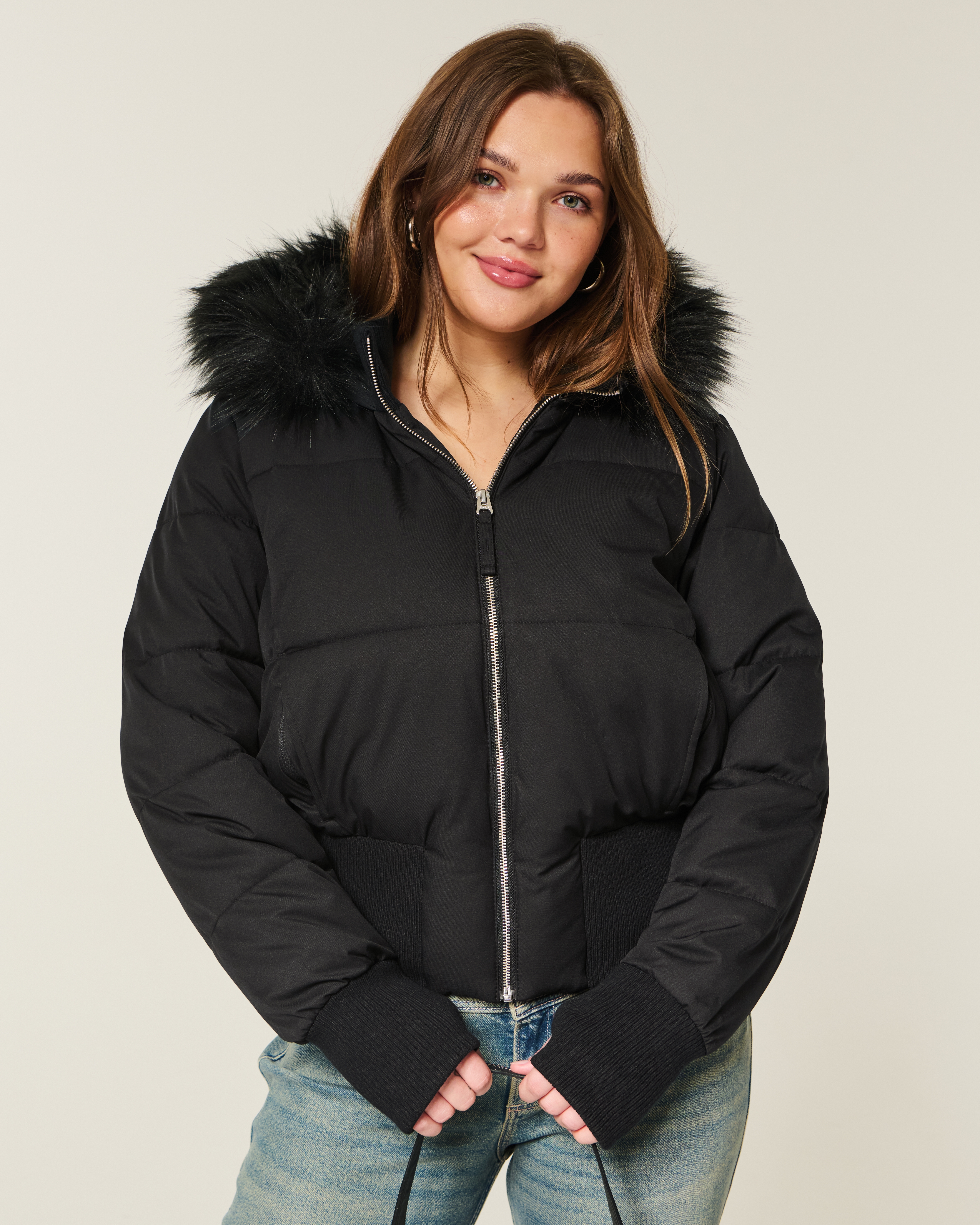 Hollister Faux Fur Trim Puffer Bomber Jacket