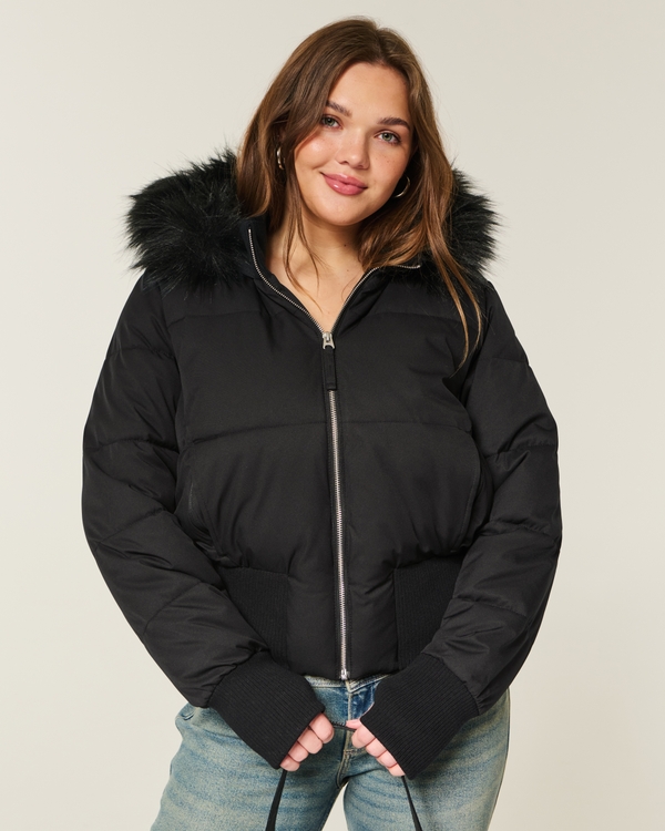 Faux Fur Trim Puffer Bomber Jacket, Black view 1