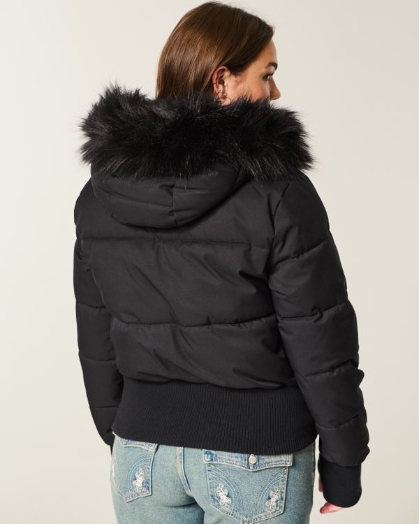 Faux Fur Trim Puffer Bomber Jacket, Black view 2