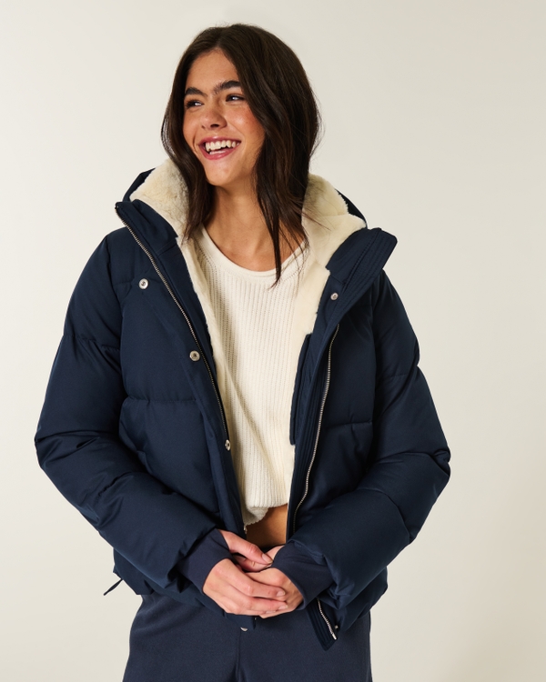 Faux Fur-Lined All-Weather Puffer Jacket, Navy Blue view 1