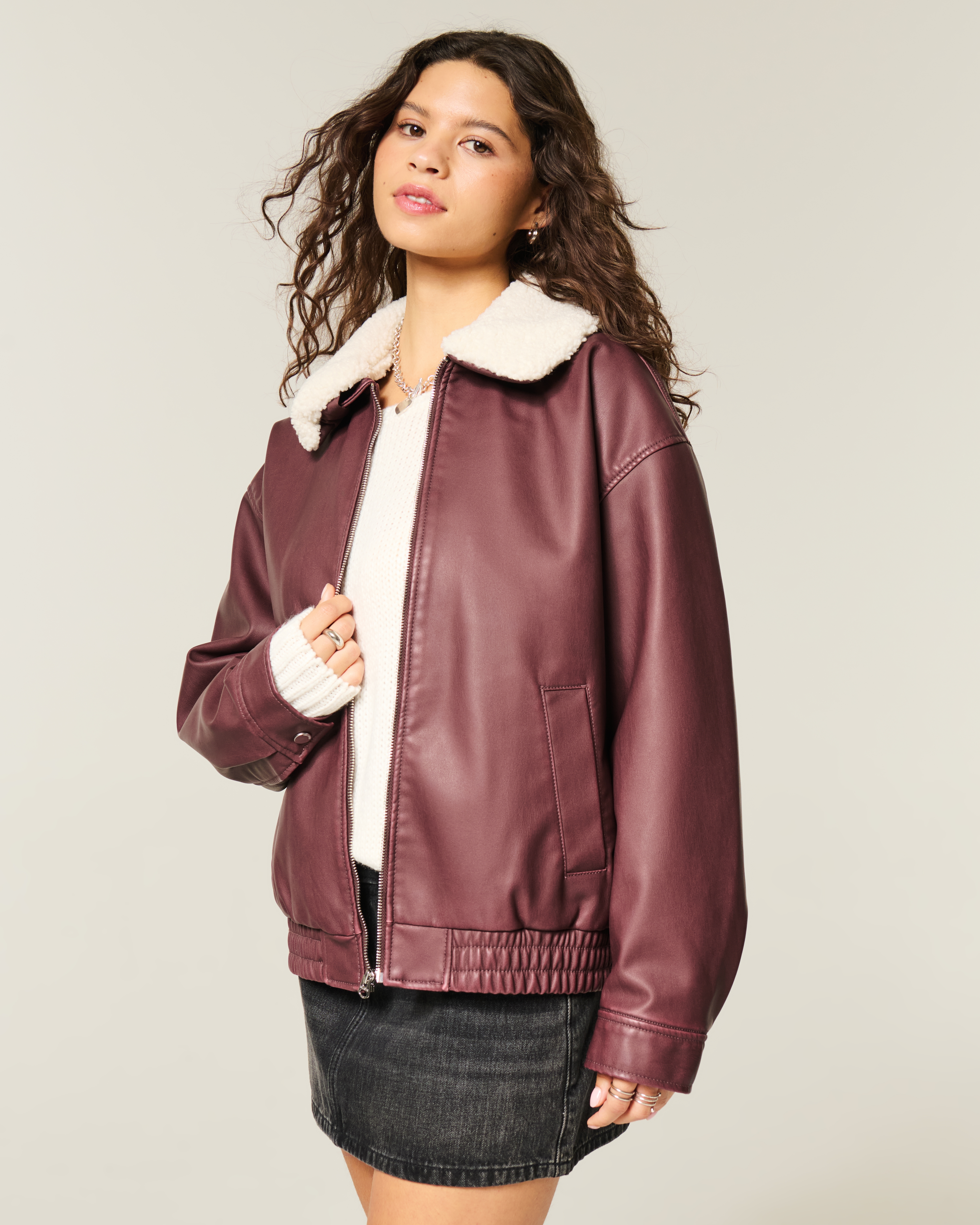 Hollister Sherpa Collar Faux Leather Bomber Jacket