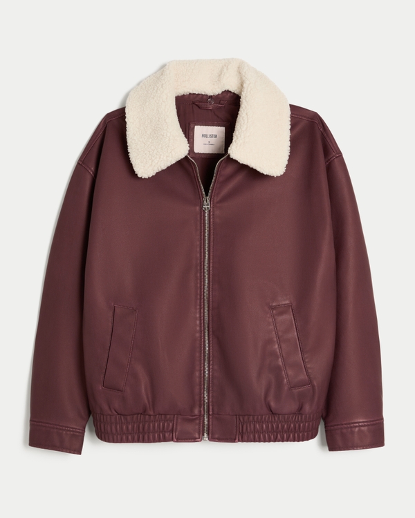Sherpa Collar Faux Leather Bomber Jacket