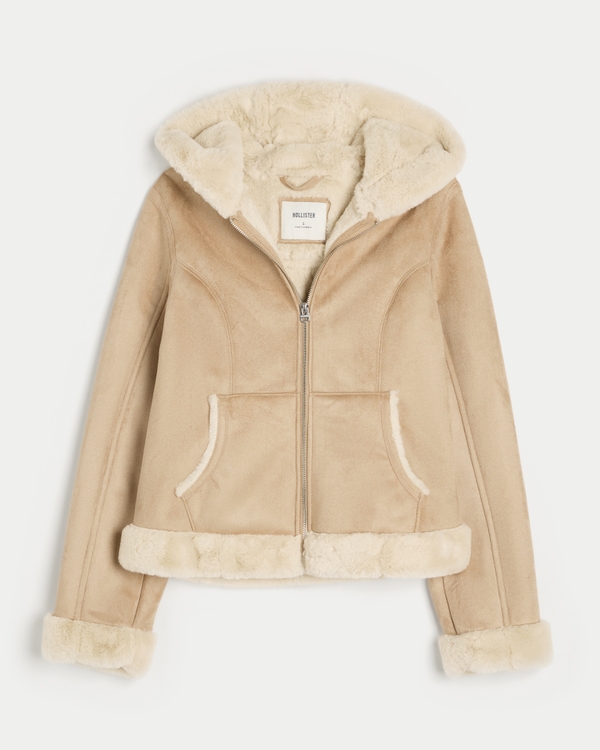 Faux Fur-Lined Faux Shearling Hoodie Jacket