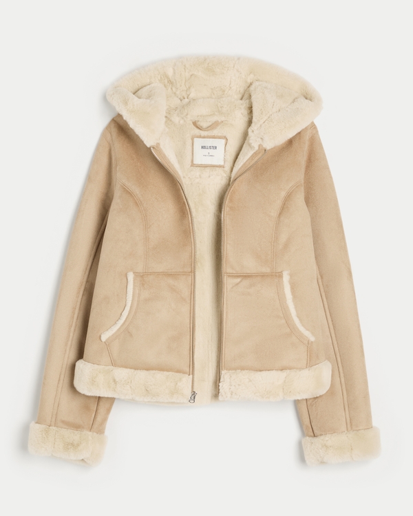Faux Fur-Lined Faux Shearling Hoodie Jacket