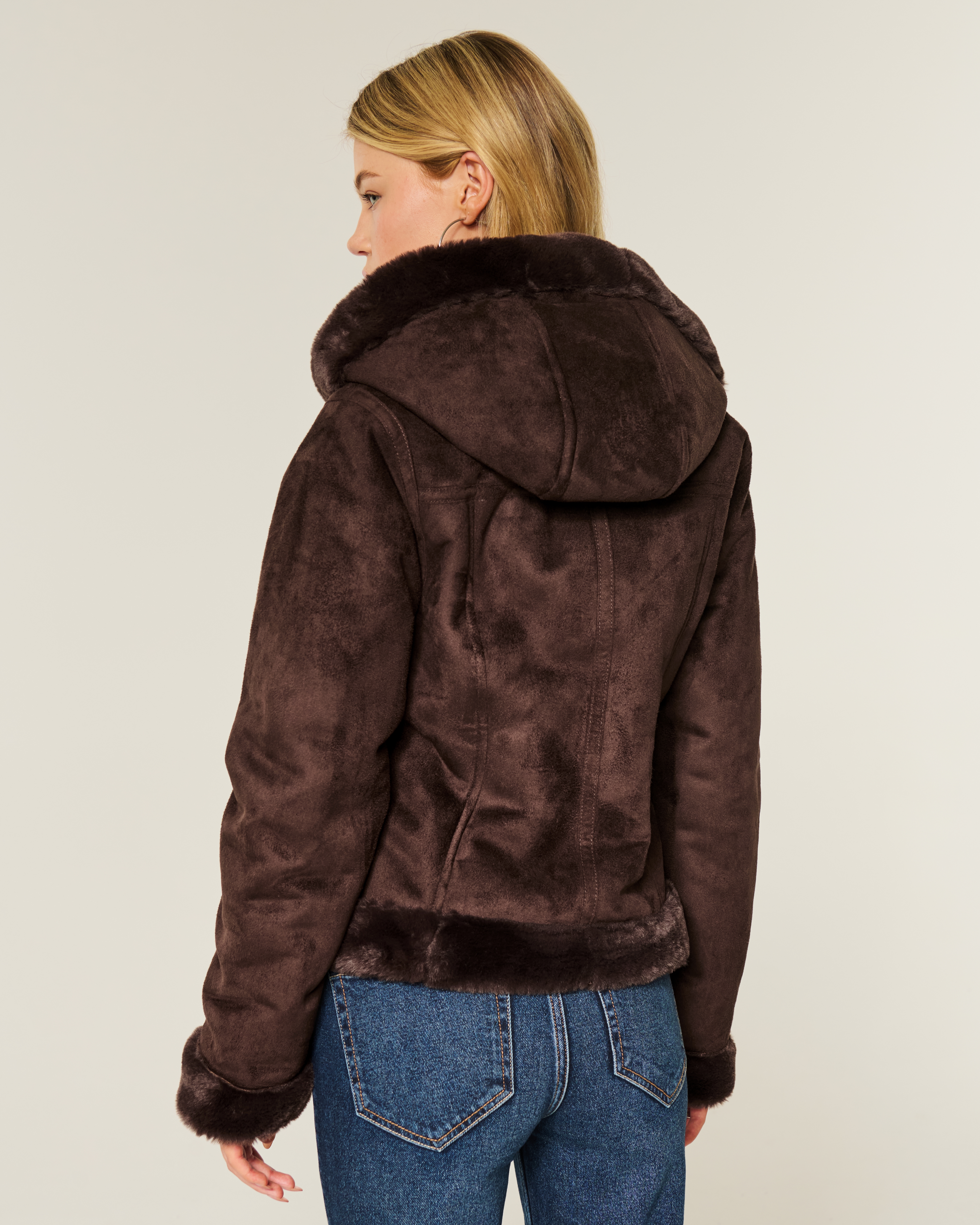 Faux Fur-Lined Shearling Hoodie Jacket