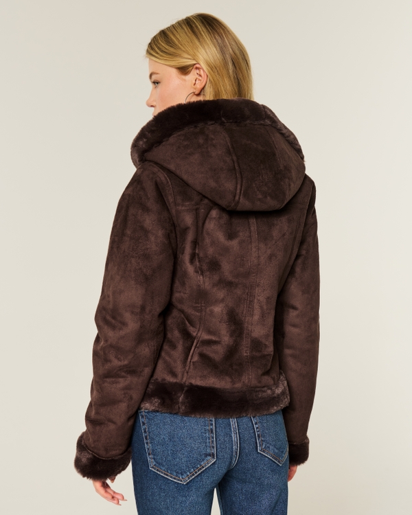 Faux Fur-Lined Faux Shearling Hoodie Jacket