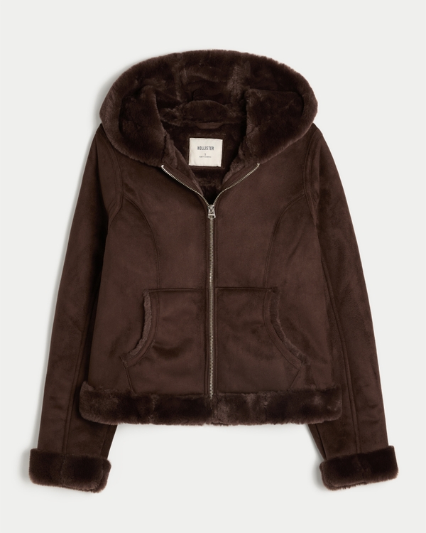 Faux Fur-Lined Faux Shearling Hoodie Jacket