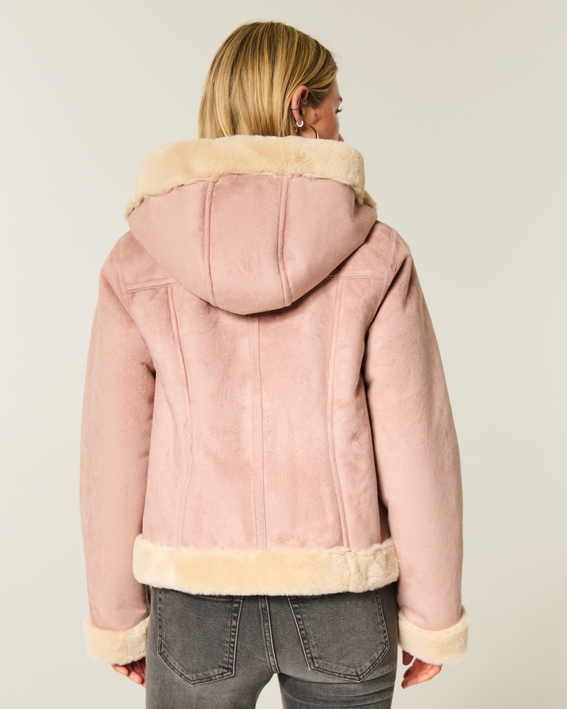 Faux Fur-Lined Faux Shearling Hoodie Jacket