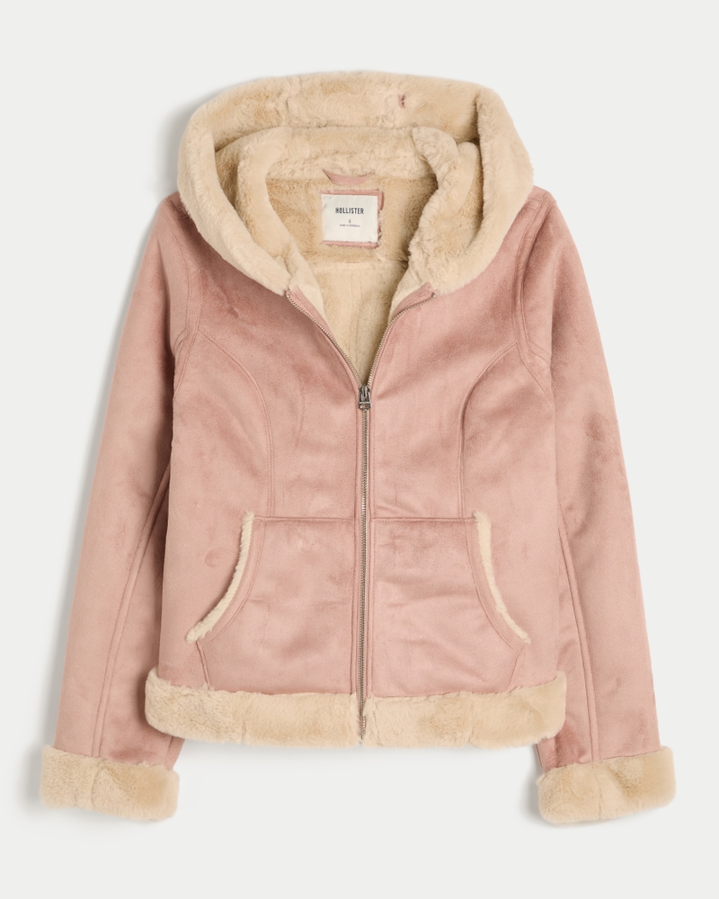 Faux Fur-Lined Faux Shearling Hoodie Jacket