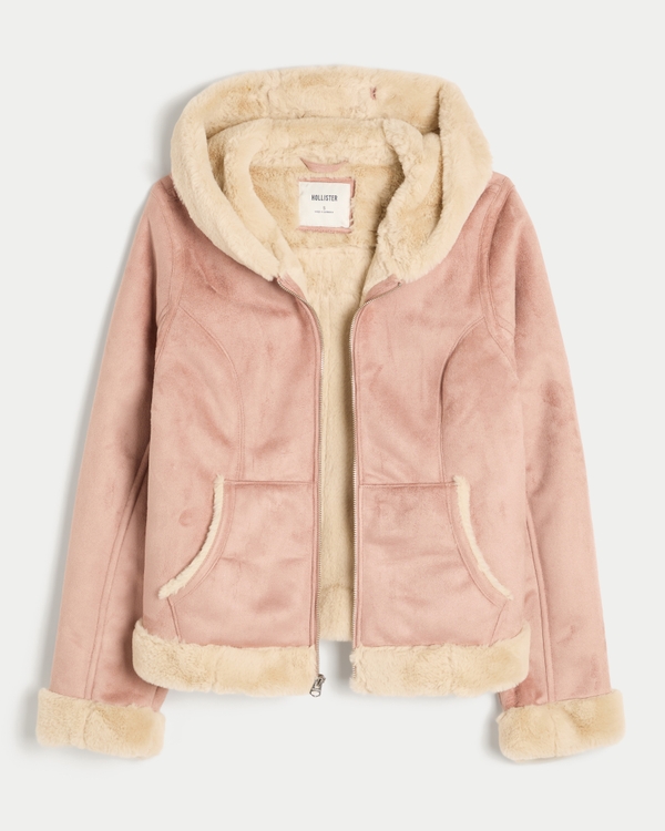 Faux Fur-Lined Faux Shearling Hoodie Jacket