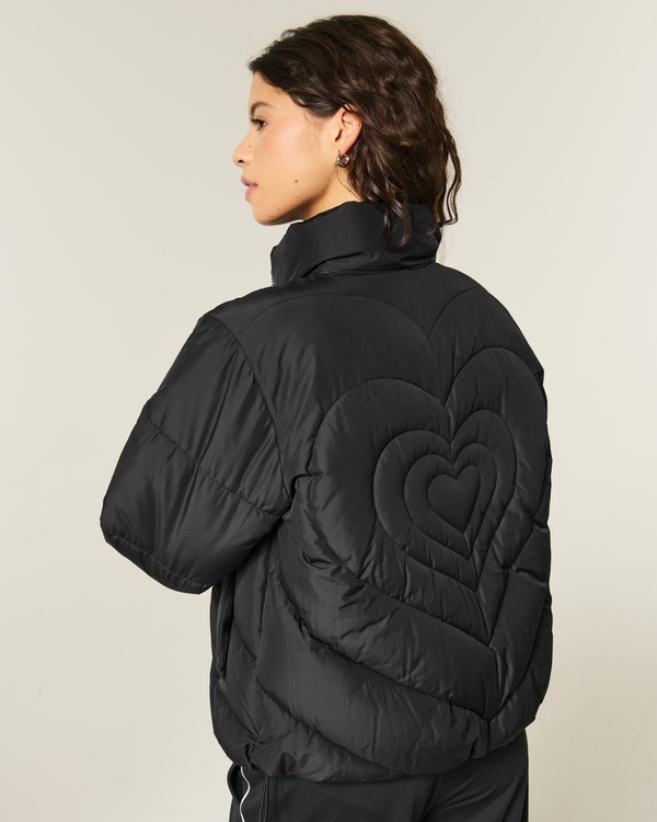 Quilted Heart Zip-Up Puffer Jacket, Black view 1