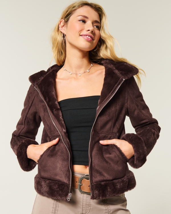 Sweat à capuche zippé en imitation shearling, Espresso view 1