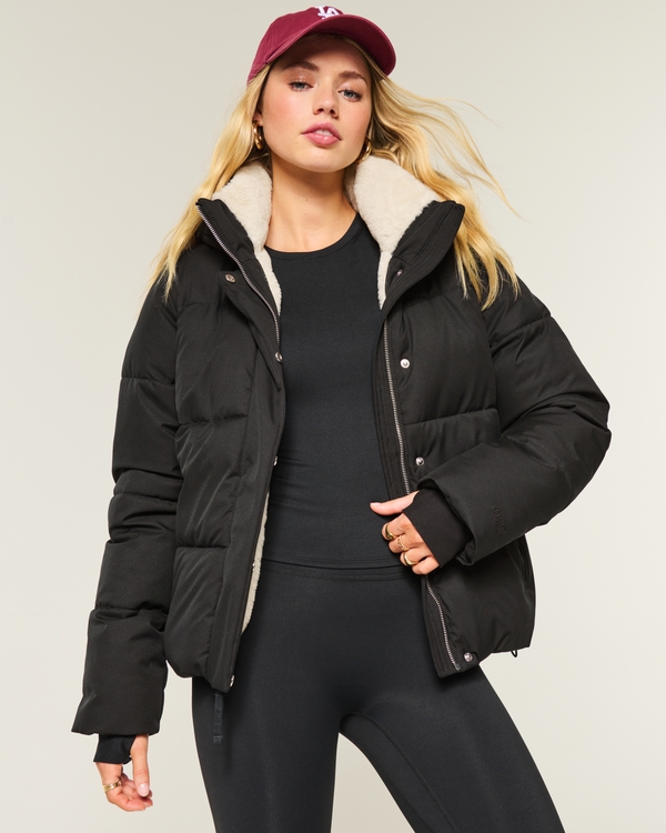 Faux Fur-Lined All-Weather Puffer Jacket, Black view 1