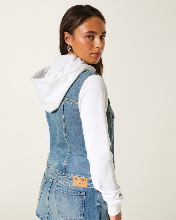 Layered Fleece-Denim Hoodie, Medium view 2