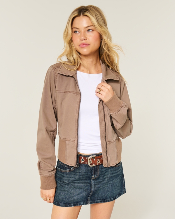Twill Zip-Up Bomber Jacket, Light Brown view 1