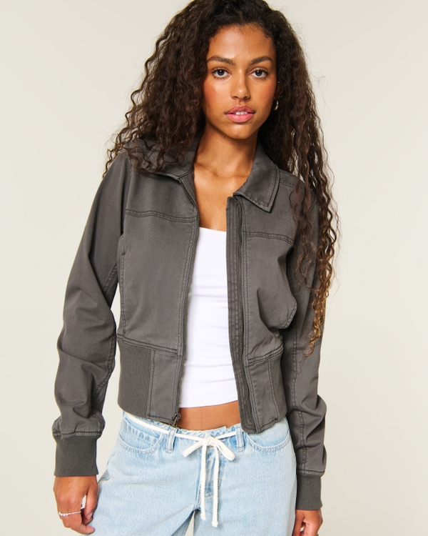 Twill Zip-Up Bomber Jacket, Dark Grey view 1