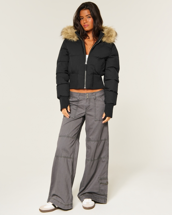 Faux Fur Trim Puffer Jacket, Black view 2