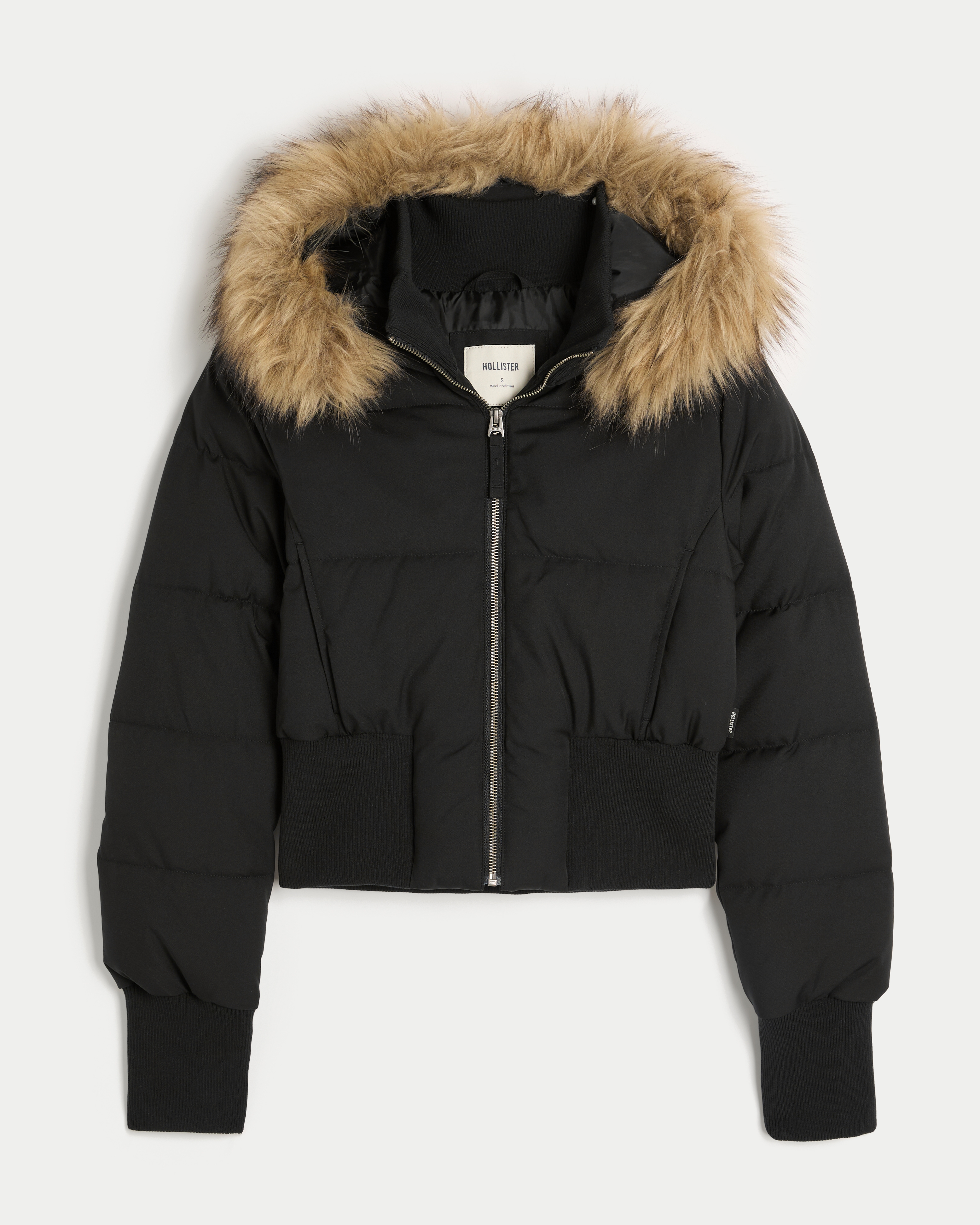 Hollister Faux Fur Trim Puffer Jacket In Black