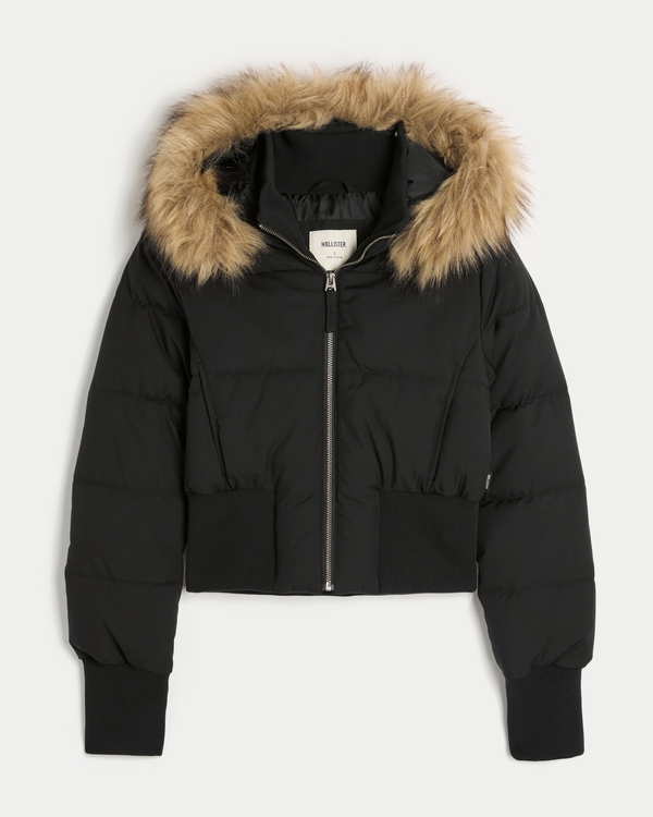 Faux Fur Trim Puffer Jacket, Black view 1