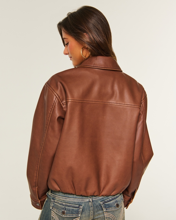 Faux Leather Bubble Bomber Jacket, Brown view 2