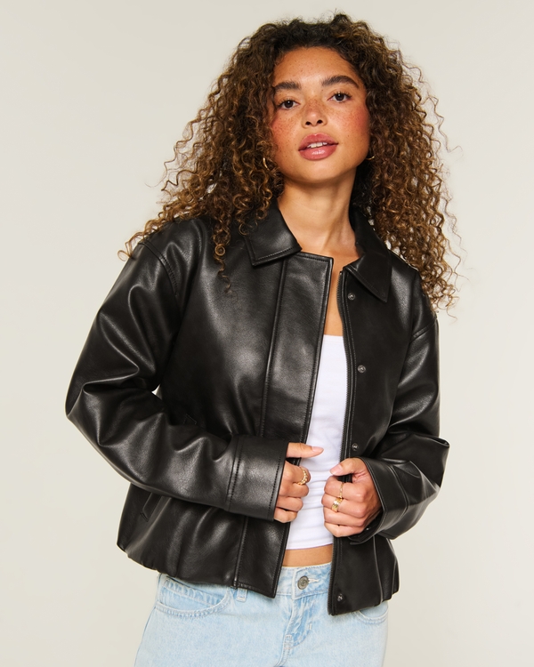 Faux Leather Bubble Bomber Jacket, Black view 1