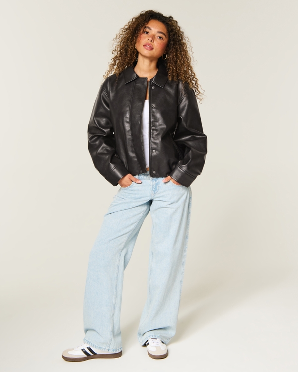 Faux Leather Bubble Bomber Jacket, Black view 2