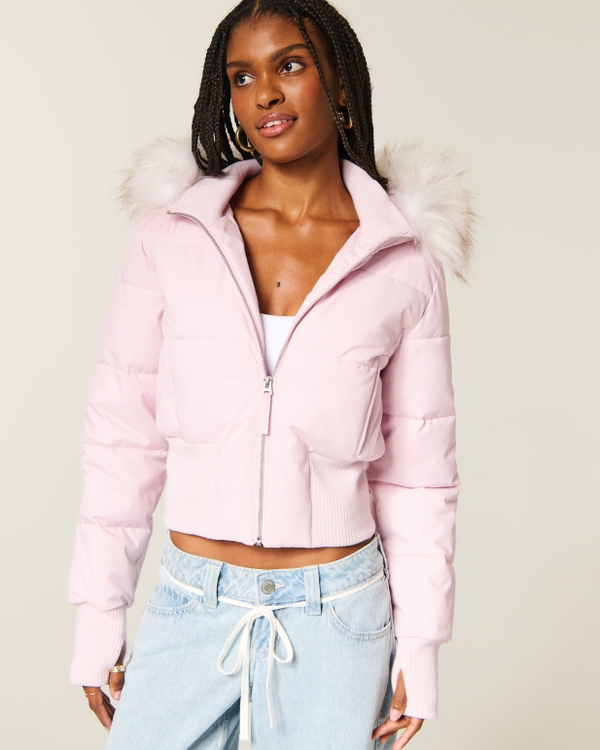 Hollister Peyton Faux Fur Trim Puffer Jacket, Light Pink view 1