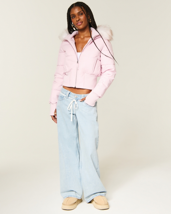 Hollister Peyton Faux Fur Trim Puffer Jacket, Light Pink view 2