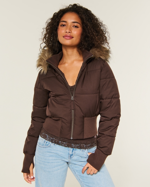 Hollister Peyton Faux Fur Trim Puffer Jacket, Espresso view 1
