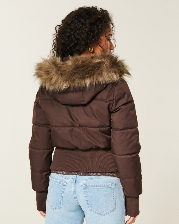 Hollister Peyton Faux Fur Trim Puffer Jacket, Espresso view 2