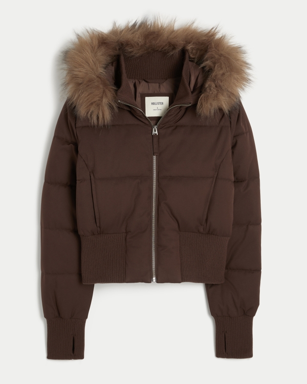 Hollister Peyton Faux Fur Trim Puffer Jacket, Espresso view 1