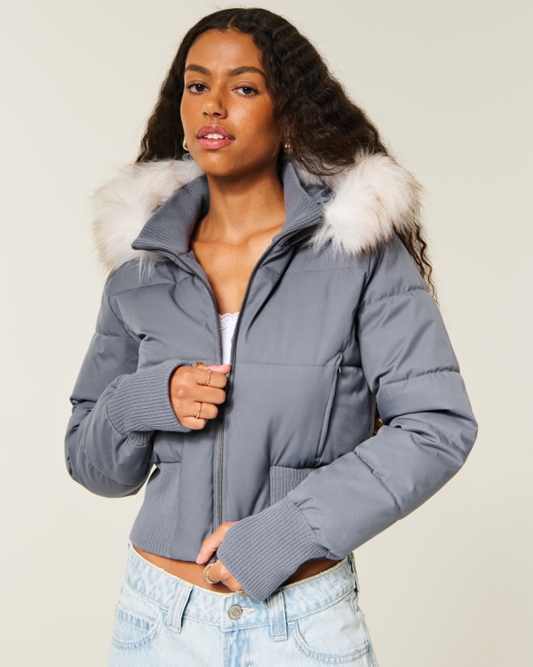 Hollister Peyton Faux Fur Trim Puffer Jacket, Dark Blue view 1