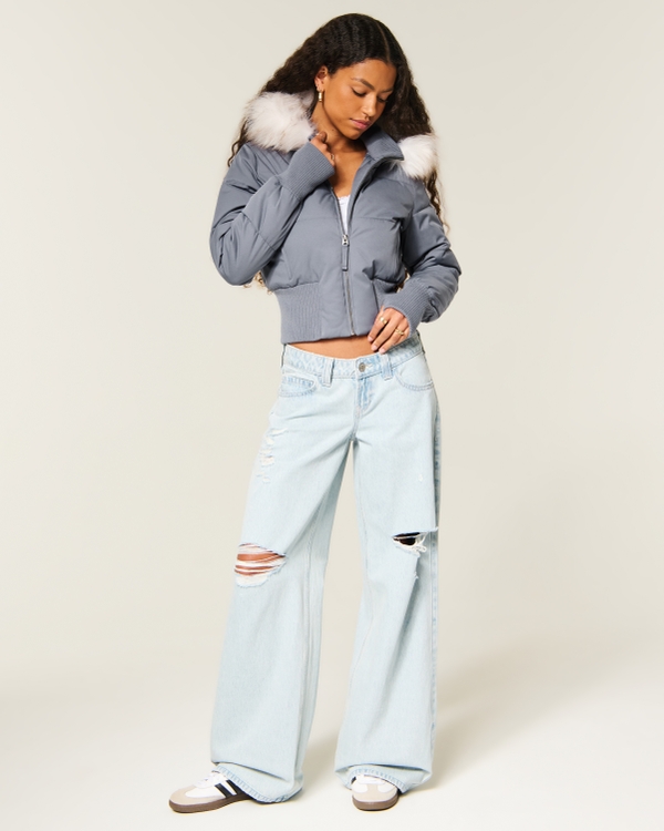 Hollister Peyton Faux Fur Trim Puffer Jacket, Dark Blue view 2