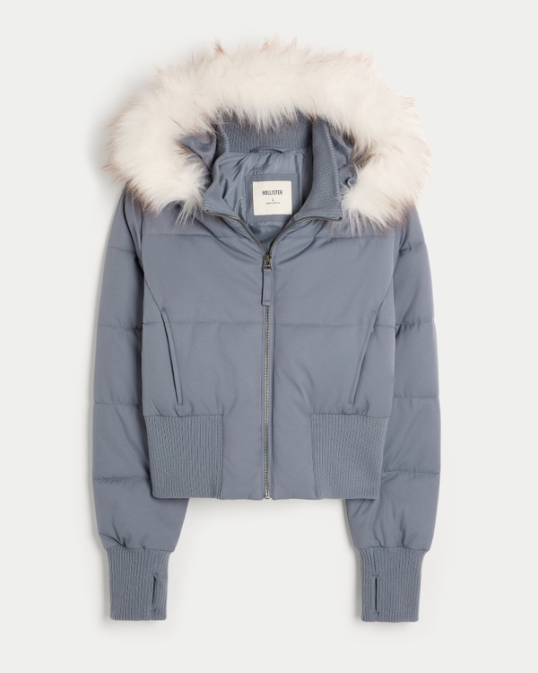 Hollister Peyton Faux Fur Trim Puffer Jacket, Dark Blue view 1