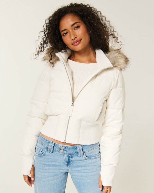 Hollister Peyton Faux Fur Trim Puffer Jacket, White view 1