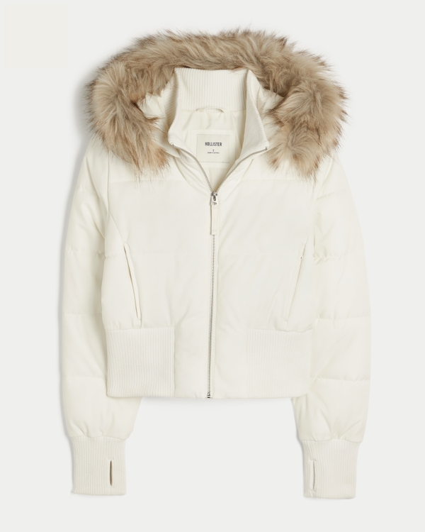Hollister Peyton Faux Fur Trim Puffer Jacket, White view 1