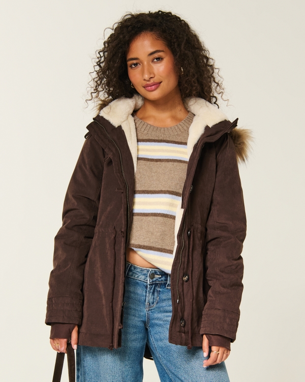 Faux Fur-Lined Parka, Espresso view 1