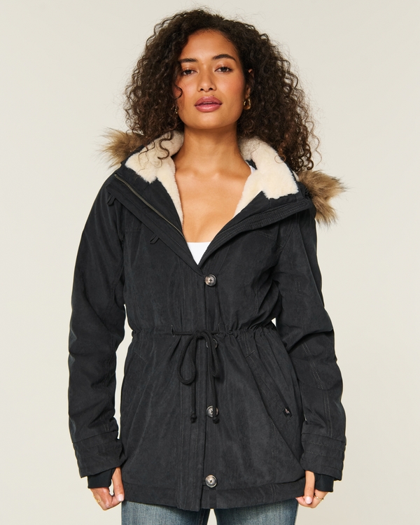 Faux Fur-Lined Parka, Black view 1