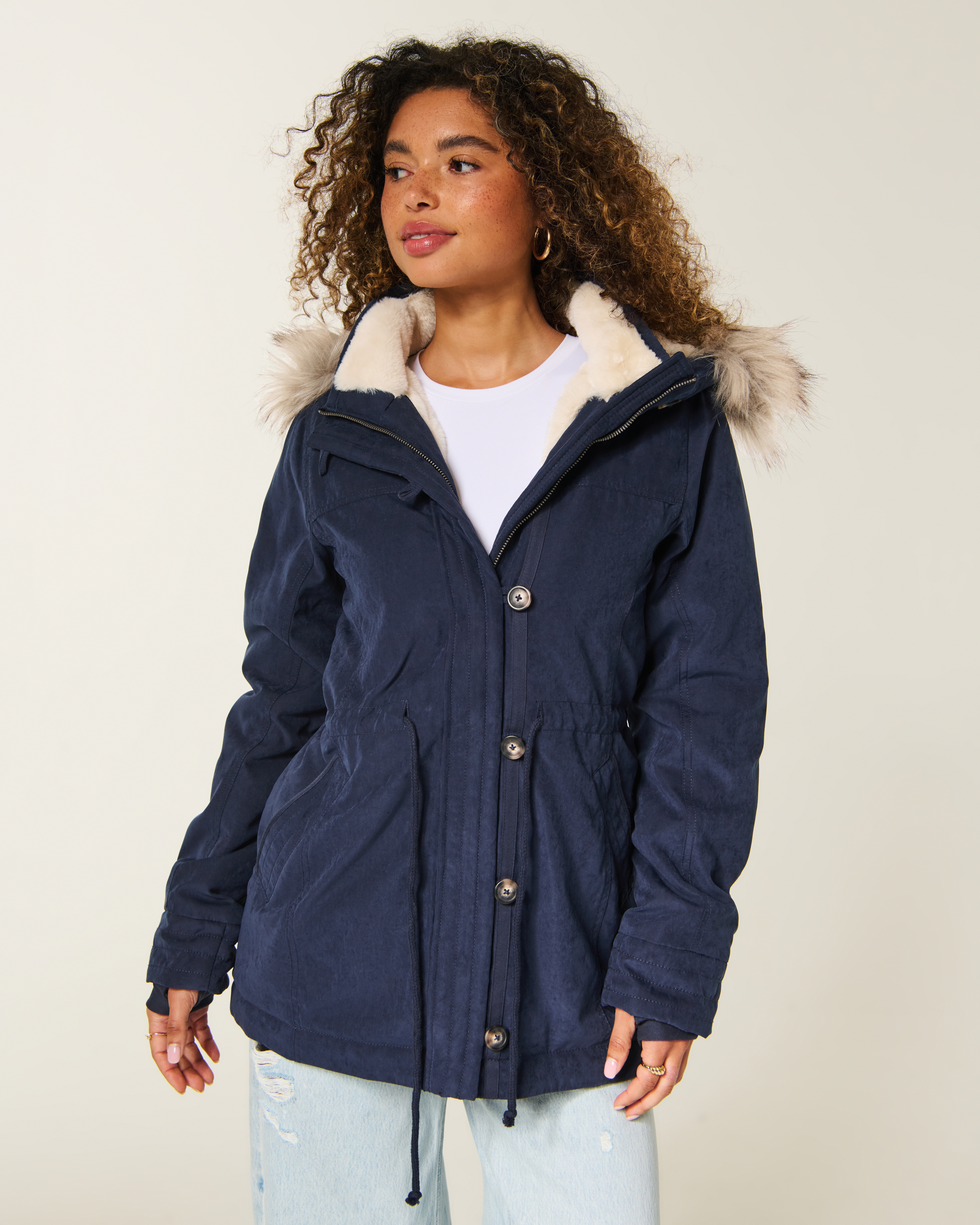 Hollister Faux Fur-lined Parka In Gray