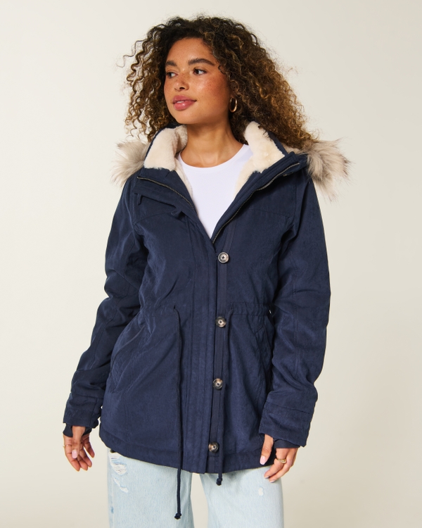 Faux Fur-Lined Parka, Navy view 1
