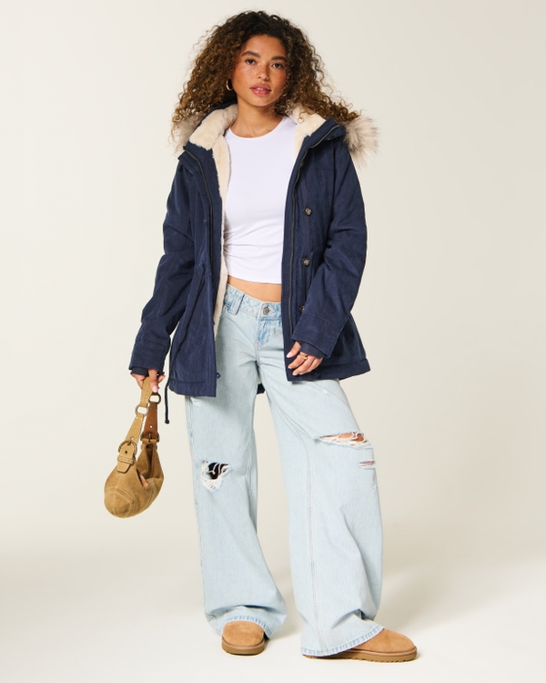 Faux Fur-Lined Parka, Navy view 2