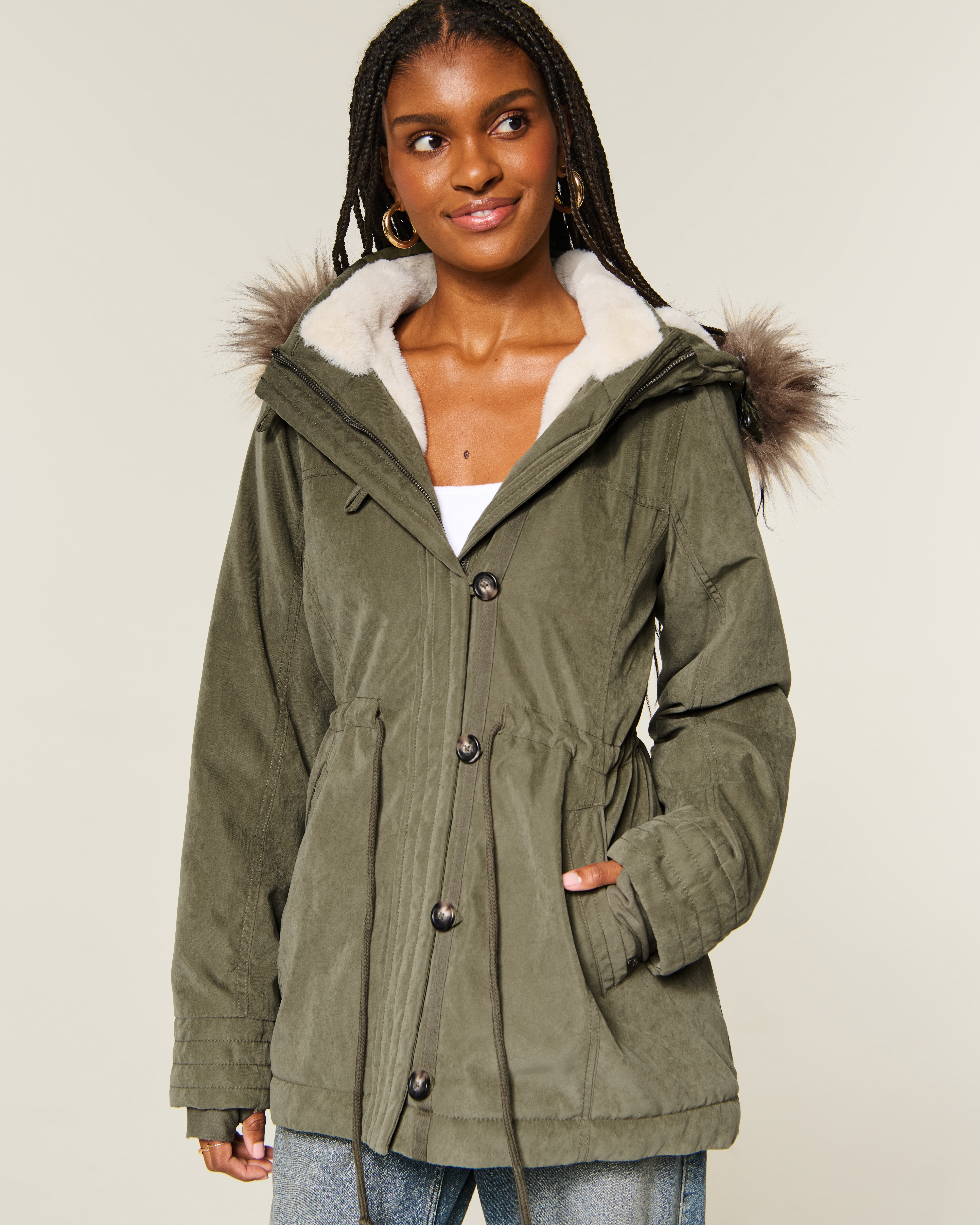 Hollister Faux Fur-lined Parka In Green
