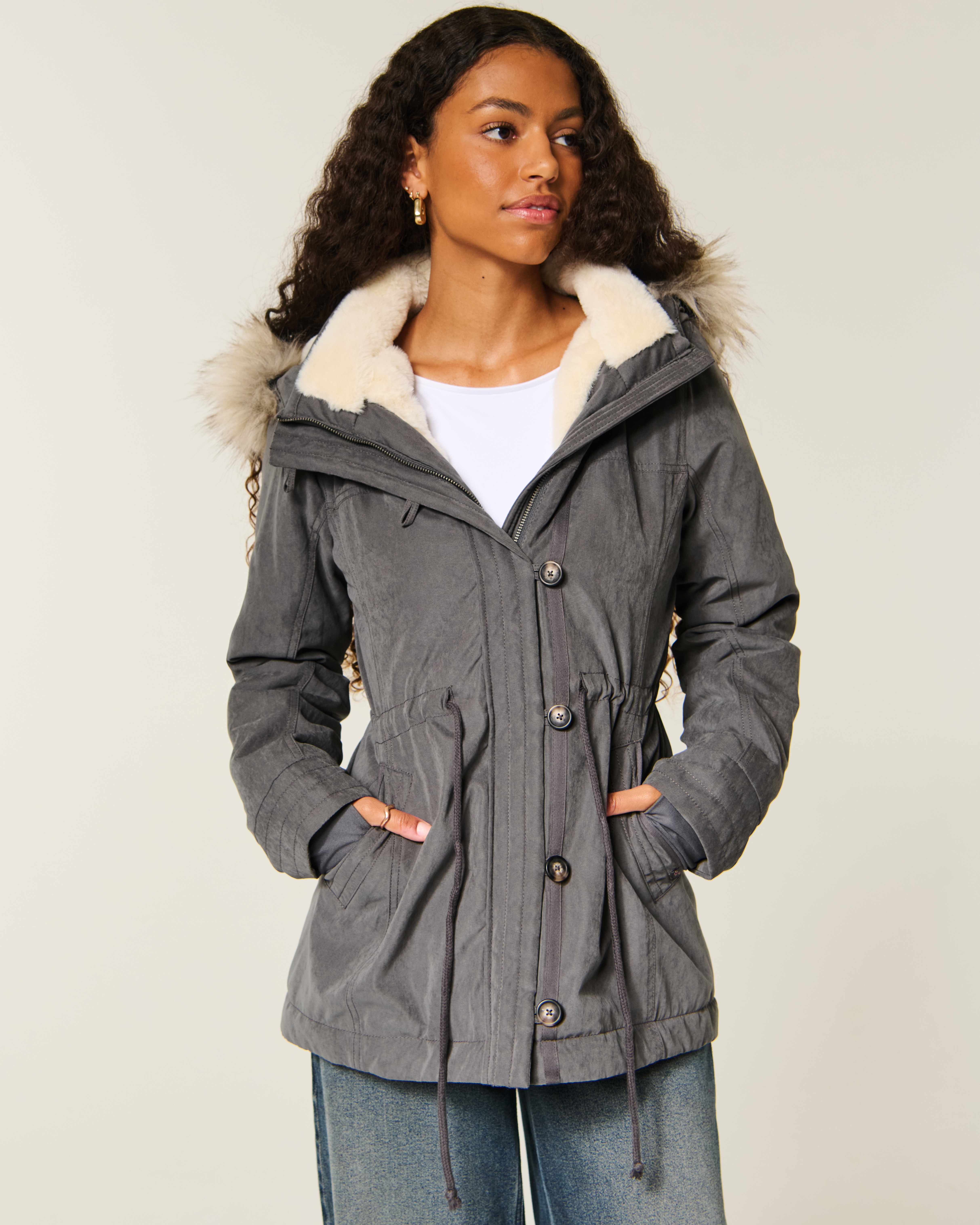 Hollister Faux Fur-lined Parka In Gray