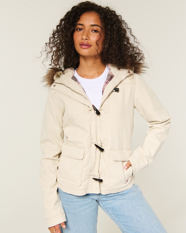 Faux Fur-Lined Toggle Jacket, Cream view 1