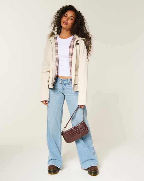 Faux Fur-Lined Toggle Jacket, Cream view 2